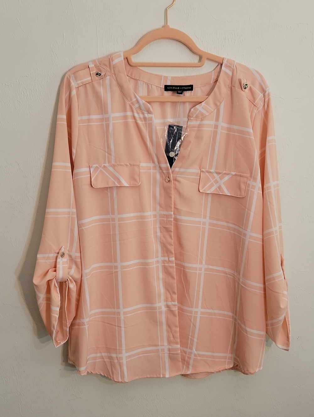 Adrianna Papell Peach Plaid Button-Front Shirt